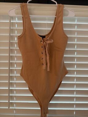 Forever 21 Tan Lace-Up Ribbed Bodysuit